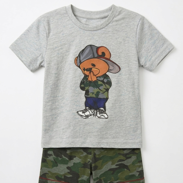 GREY T BEAR PRINT PRAYING TEE 2 PCS SET
