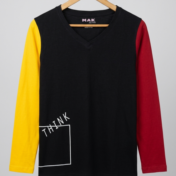 V Neck Long Sleeve Tshirt For Women - Black